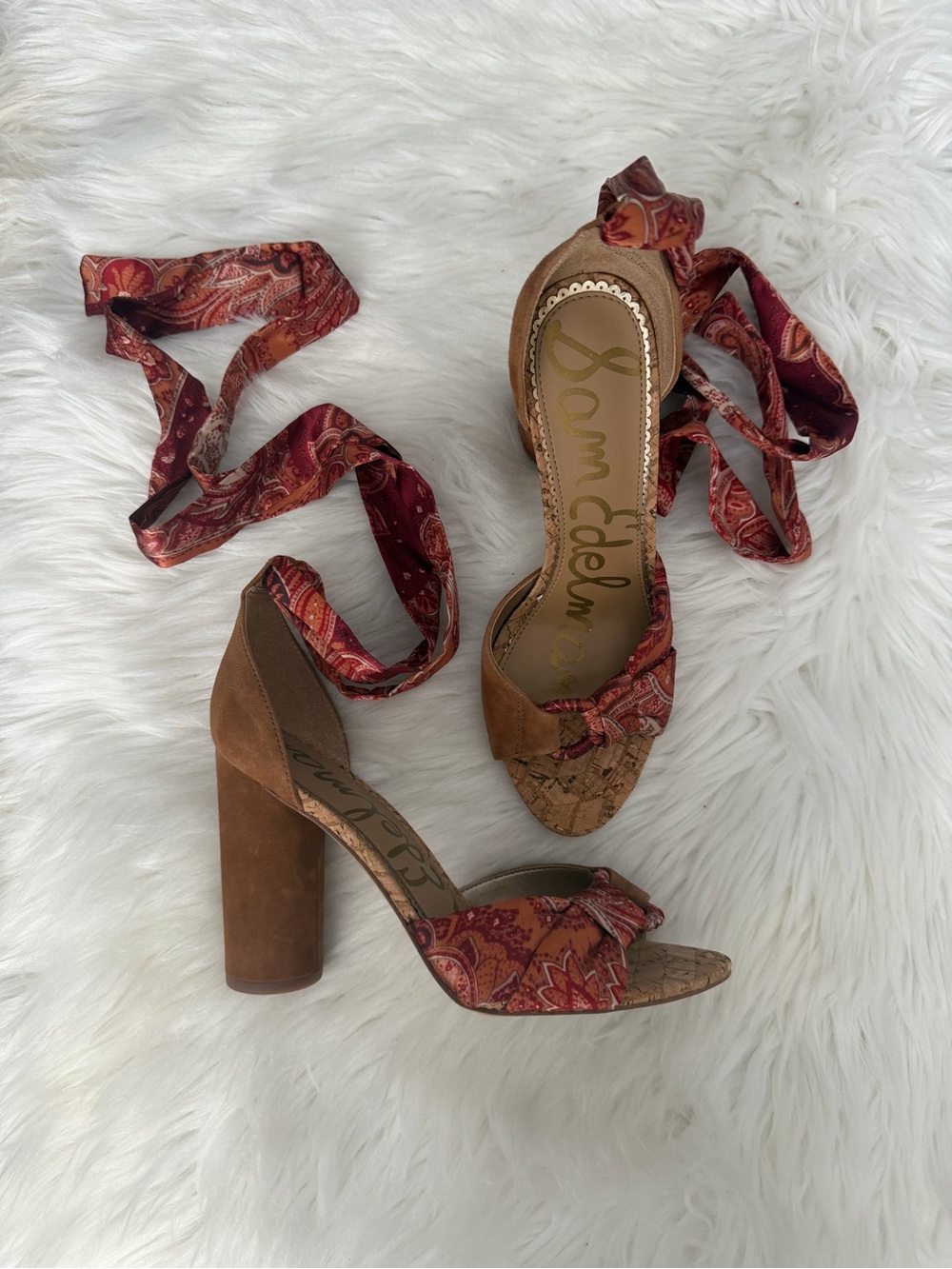 Sam Edelman Brown Suede Heeled Sandals with Red Paisley Wrap Ties